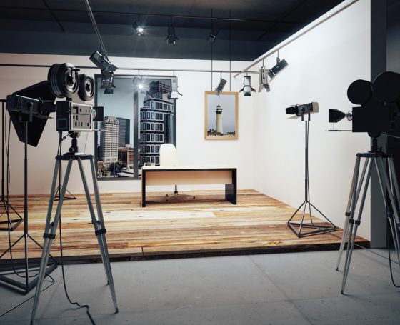 Film studio with cameras and movie equipment